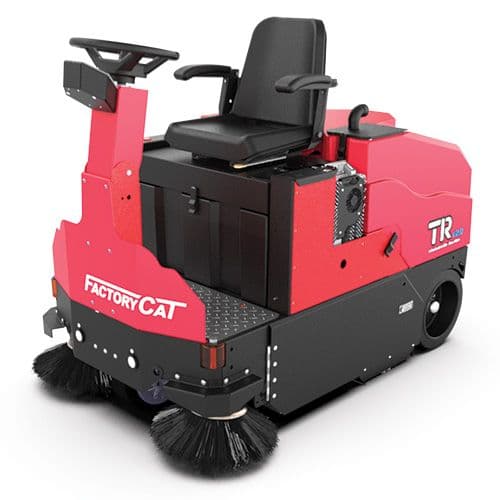  The TR is a ride-on floor sweeper shown from a ¾ angle, positioned slightly right. Its front is visible with sweeping brushes below and the steering wheel above. The "FactoryCat" logo is clearly displayed on the side.