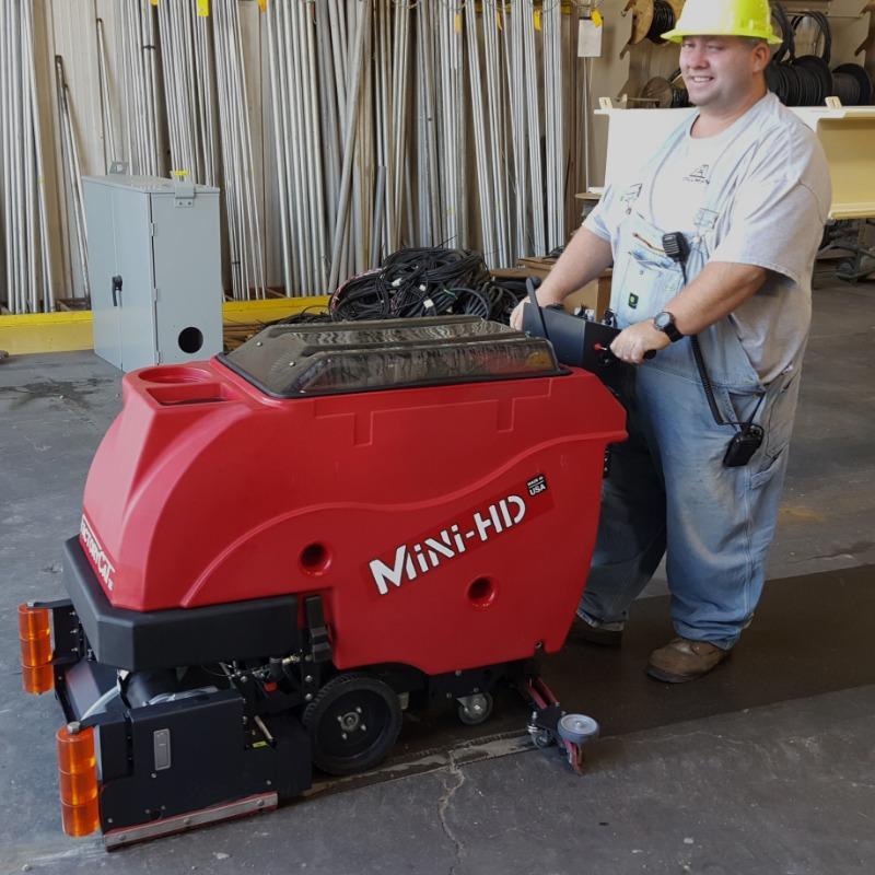 FactoryCat Walk Behind Floor Scrubbers Mini-HD maintenance shop concrete - https://assets.factorycat.com/demoImages/2025/april/Mini-HD-Walk Behind Floor Scrubbers-maintenance shop-concrete-Pittsburg-USA-554.jpg - 800 - 800 - 554 FactoryCat Mini-HD Walk Behind Floor Scrubbers cleans the concrete floor at a foundry in Pennsylvania