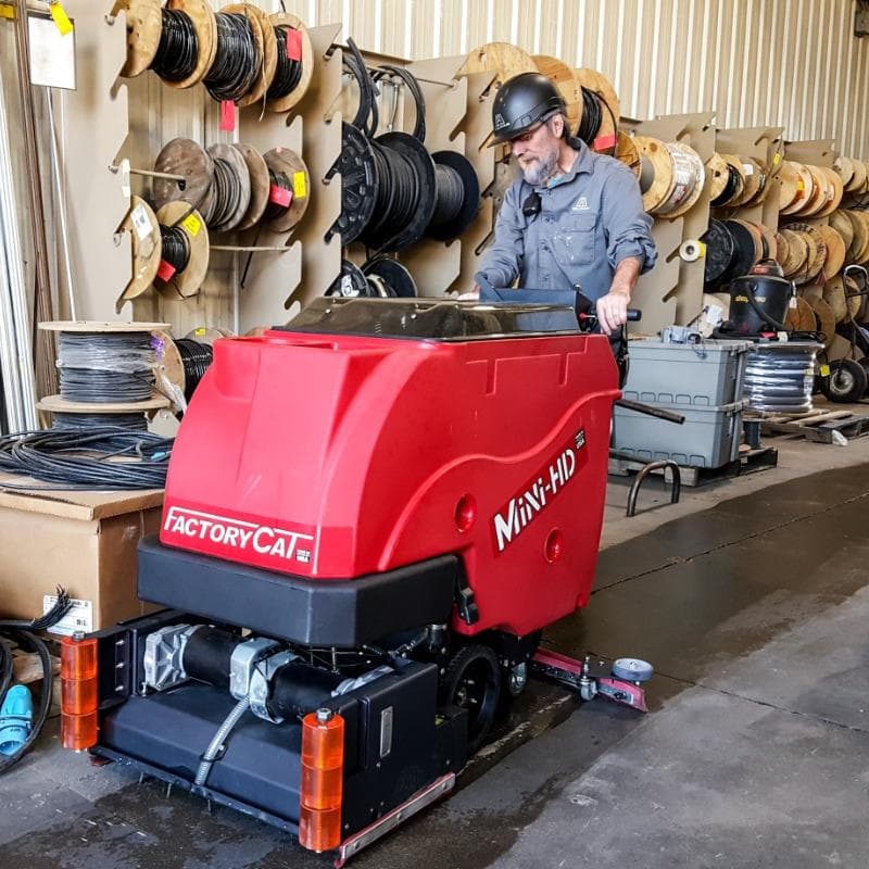 FactoryCat Mini-HD Walk Behind Floor Scrubbers cleans the concrete floor at a foundry in Pennsylvania